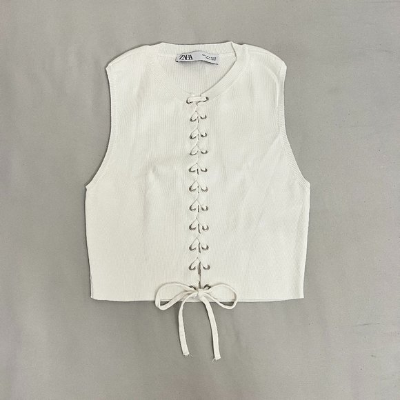 ZARA Lace Up Front Sleeveless Ribbed Knit Crop Top Small White - Picture 1 of 5